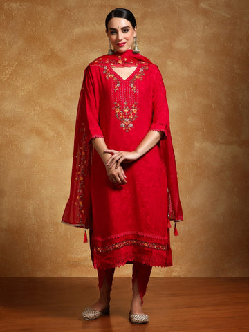 Varanga Women Floral Motif Thread Embroidered Yoke Kurta with Trouser & Dupatta